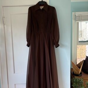 VTG 1960s Jack Bryan Chocolate Brown Pleated Chiffon Lantern Sleeve Midi Dress